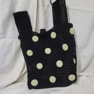 Handmade Crochet Black and White Polka Dot Medium Tote